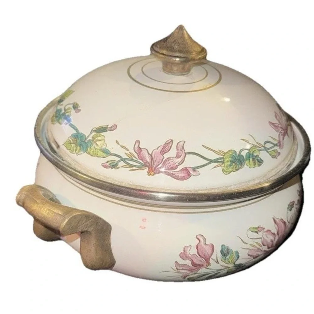 Vintage ASTA Enamelware Cooking Pot & Lid Brass Handles Pink Flowers
